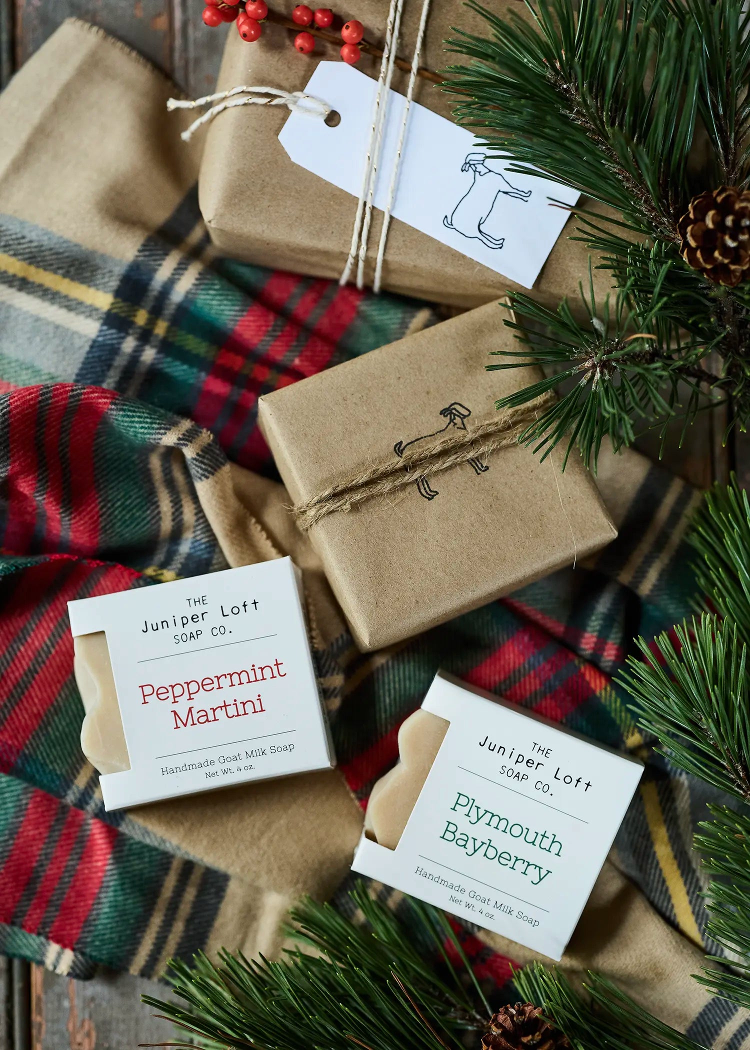 Juniper-Loft-Peppermint-Martini-Plymouth-Bayberry-plaid-scarf-wrapping-twine_1500px.webp