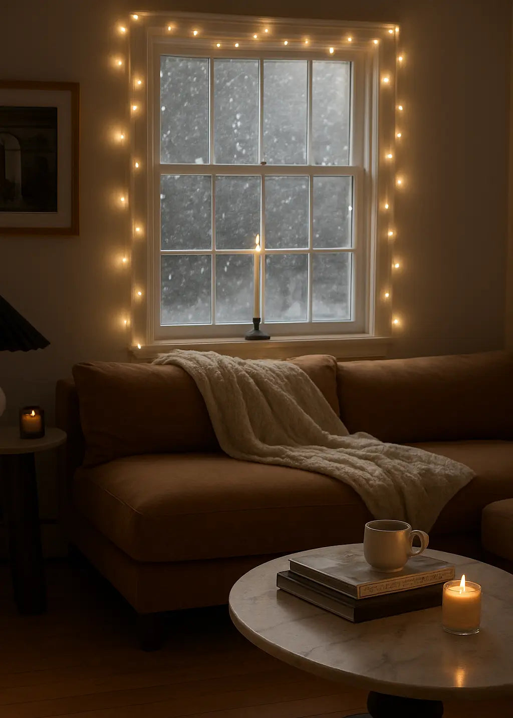 Cozy living room with lights around the window, a candle on the sill and a candle on the coffee table